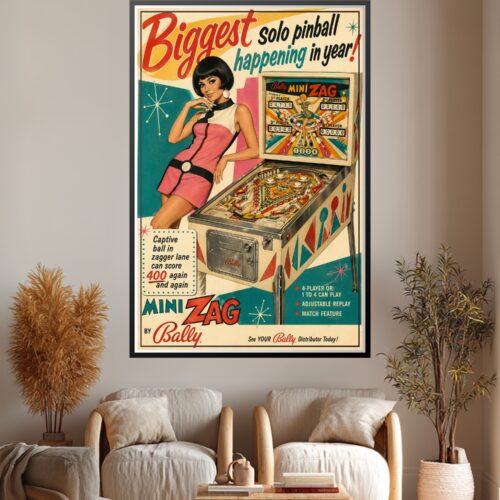 Vintage 1960s Bally Mini-Zag pinball machine advertisement poster featuring a woman in pink dress next to arcade game with retro atomic design elements and bold typography.