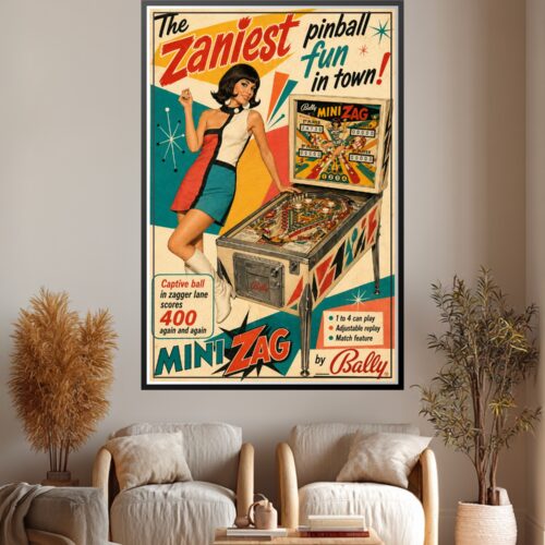 Vintage 1960s retro pinball poster featuring Mini Zag machine with a woman in bold color-block dress and electric teal and red geometric design elements.