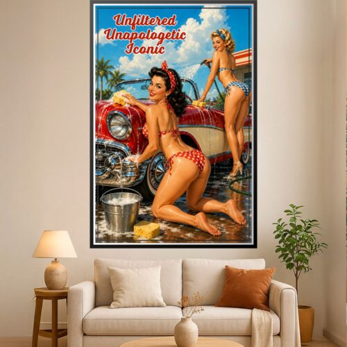 Retro pin-up car wash poster featuring 1950s styled women, a cherry-red vintage automobile, palm trees, and bright blue sky with clouds.