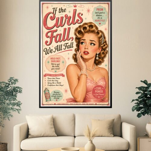 Vintage retro pin-up poster featuring a glamorous blonde woman with golden curls, pearl jewelry, and pink dress with playful beauty parlor typography and empowering girl-power messaging.