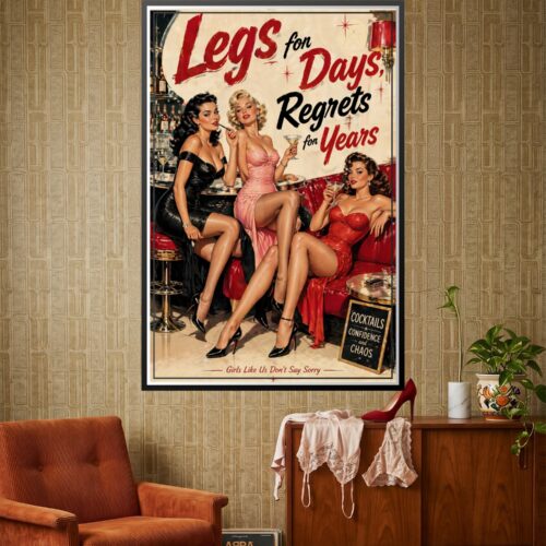 Retro vintage pin-up poster featuring three glamorous women in a 1950s lounge with bold red typography reading 'Legs for Days, Regrets for Years' and Art Deco details.