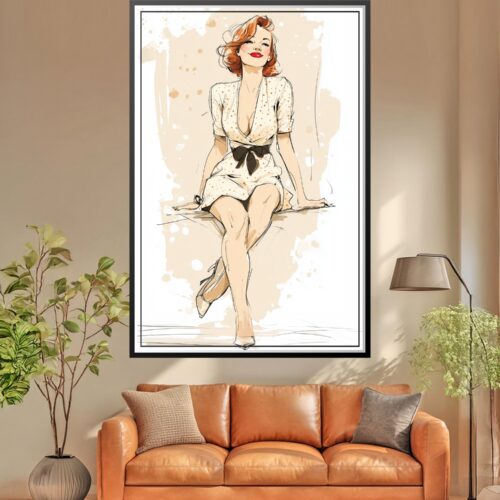Vintage retro pin-up illustration of a woman in cream polka dot dress with red lips and copper hair in classic 1950s style.