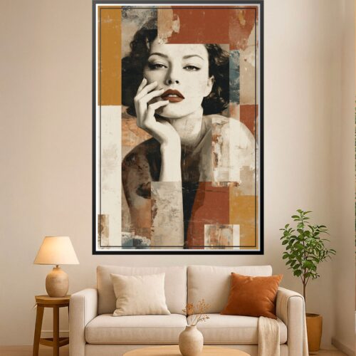 Retro vintage portrait of a contemplative woman with red lips and geometric collage background in warm terracotta, cream, and ochre tones with distressed textures.