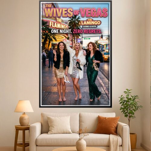 Retro poster of three glamorous women in sequins and furs celebrating on the Las Vegas strip near the Flamingo Casino with bold magenta and gold typography.