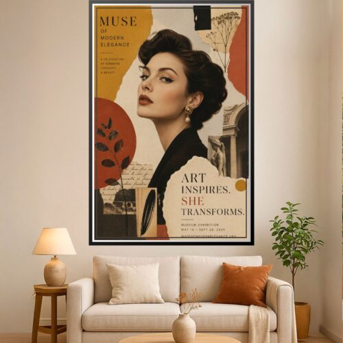 Retro collage portrait of an elegant woman in profile with vintage design elements, botanical details, and architectural fragments on warm gold and rust background.