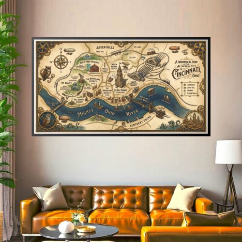 Whimsical steampunk map of Cincinnati Ohio featuring airships, gears, and the Ohio River with vintage mechanical borders and hand-drawn neighborhood details.