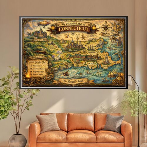 Steampunk fantasy illustrated map of Connecticut featuring castles, airships, gears, and magical landmarks in gold, teal, and green with ornate decorative border.