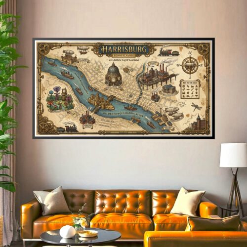 Ornate steampunk map of Harrisburg Pennsylvania featuring airships, brass gears, Victorian architecture, and fantastical landmarks with aged parchment background and mechanical border design.