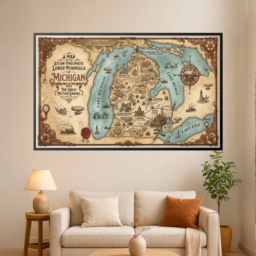 Ornate steampunk map of Michigan's Lower Peninsula featuring airships, gears, and mechanical details with aged parchment background and blue water accents.