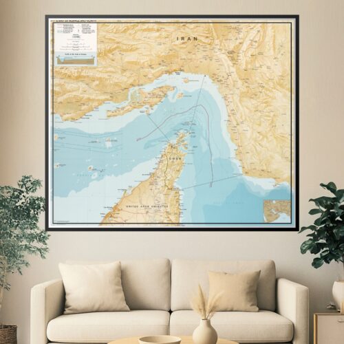 Detailed cartographic map of the Strait of Hormuz and vicinity showing Iran, Oman, and United Arab Emirates with topographic relief, elevation profile, and maritime features.