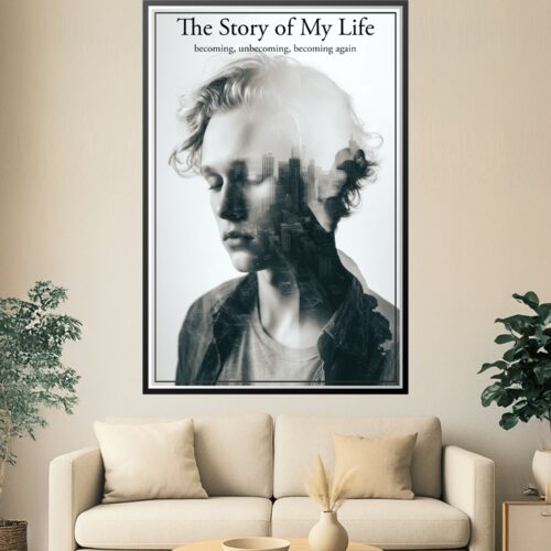 Surrealist double exposure wall art merging a contemplative face with urban city skyline in soft grayscale tones.