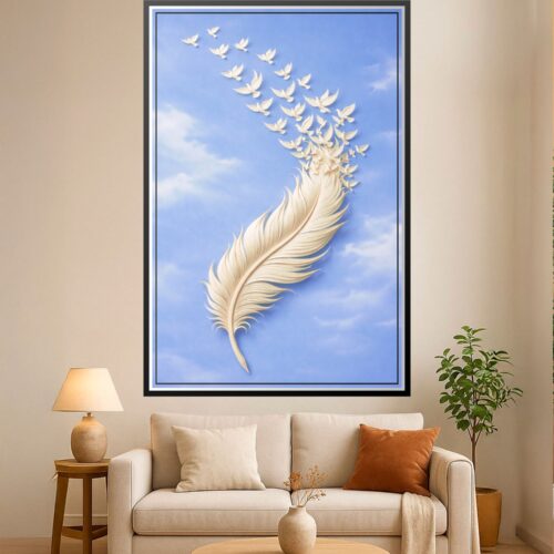 Surrealist wall art showing a cream feather transforming into white doves flying against a periwinkle blue sky with soft clouds.