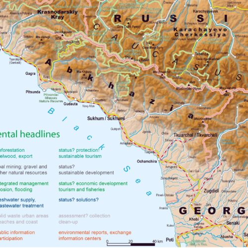 Topographic map of Abkhazia showing terrain elevation, cities, borders, and color-coded environmental data including forests, biodiversity zones, mining areas, marine resources, water systems, and waste management information.