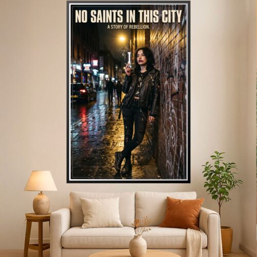 Woman in studded leather jacket smoking cigarette in neon-lit urban alley with brick wall, moody noir street photography poster.