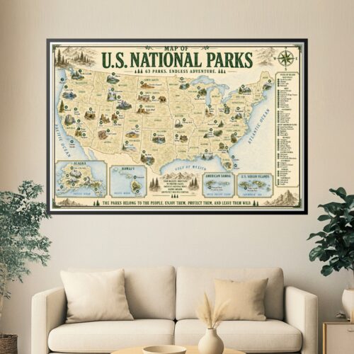 Detailed vintage-style cartographic map of all 63 U.S. National Parks with illustrated landscapes, regional breakdown, and compass rose on cream-colored parchment background.