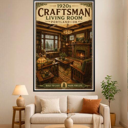 Vintage 1920s Craftsman living room interior with warm wood tones, fireplace, leaded glass windows, Tiffany lamp, and mountain view through windows.