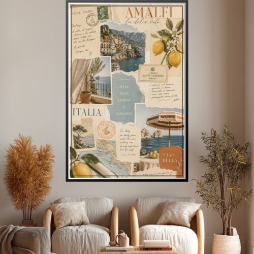 Vintage collage poster of Amalfi Coast featuring postcards, botanical lemon illustrations, coastal photographs, and handwritten Italian text in warm cream and blue tones.