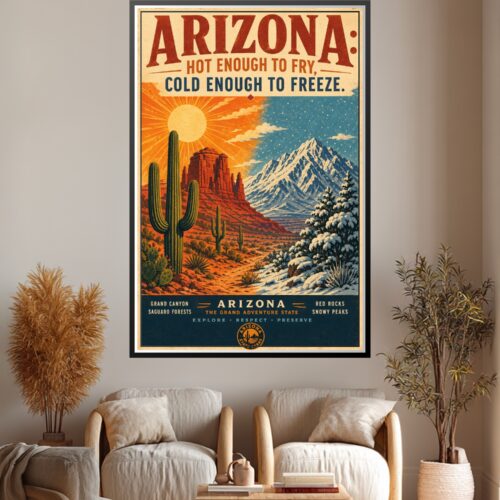 Vintage WPA-style Arizona travel poster divided between desert landscape with saguaro cacti and red rocks under blazing sun on left, and snowy mountains under starry sky on right, with bold red and teal typography.
