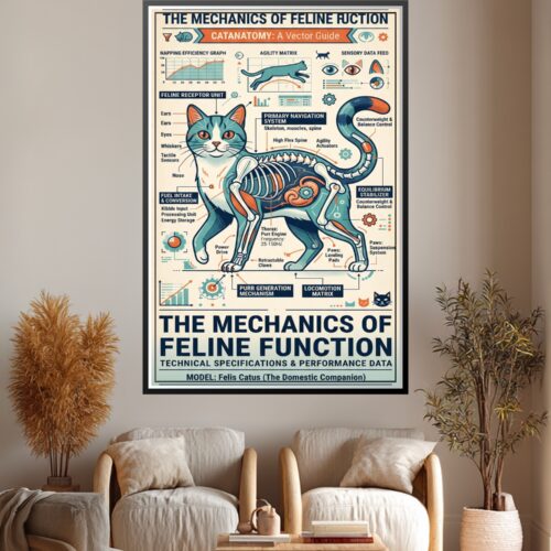 Vintage infographic poster of cat anatomy showing skeletal structure, organs, sensory systems, and biomechanical functions with teal and orange technical diagrams.