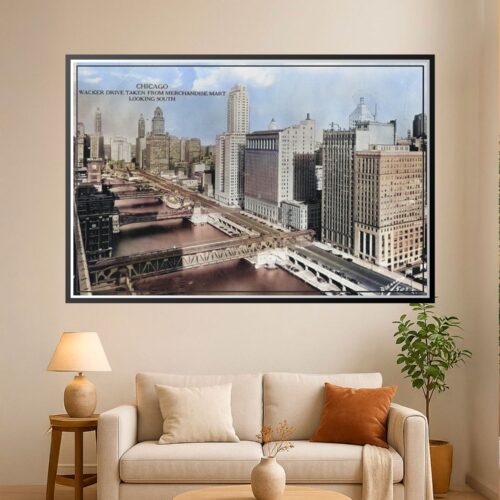 Vintage hand-tinted photograph of Chicago Wacker Drive skyline taken from Merchandise Mart looking south, featuring Art Deco skyscrapers and Chicago River bridges.