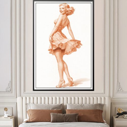 Vintage pin-up girl wall art featuring a glamorous redhead in a peach polka-dot dress with curled hair and red lips, rendered in classic retro illustration style.