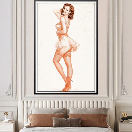 Vintage pinup girl illustration in terracotta line art, 1950s styling with elegant pose, wearing heels and dress on cream background.