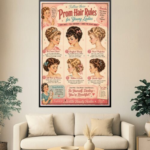 Vintage 1950s prom hair rules poster featuring six illustrated hairstyles with beauty tips and retro pink aesthetic.