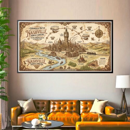 Whimsical steampunk map of Nashville North Carolina featuring airships, clockwork towers, brass landmarks, and ornate vintage borders with sepia coloring.