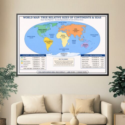 World map with true relative sizes of continents and oceans using equal-area projection, showing accurate percentages and geographic coverage of all landmasses and seas.