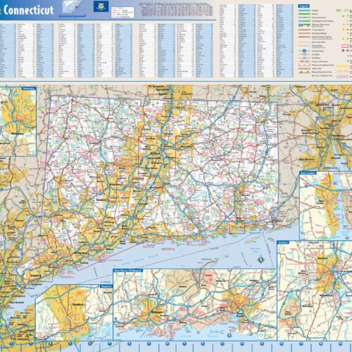 Detailed Connecticut road map poster showing highways, towns, county boundaries, and geographic features in yellow, blue, and earth tones with comprehensive index and legend.