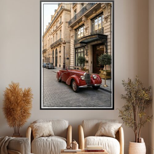 Photographic wall art of a crimson 1937 Bugatti positioned in front of ornate Parisian architecture with wrought-iron balconies and limestone facades.