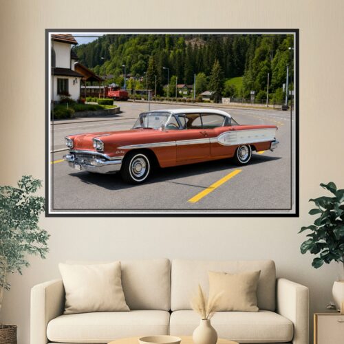 Vintage 1958 Pontiac Star Chief in cherry red and white, photographed in profile with Alpine landscape backdrop, iconic classic American muscle car wall art.