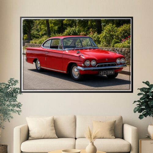 Photographic wall art print of a pristine 1963 Ford Consul Capri GT in bright red with chrome trim, parked in a garden setting with lush green foliage.