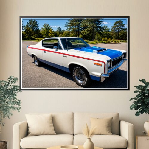 Photographic print of a 1970 AMC Rebel The Machine muscle car in Frost White with red, white, and blue stripes and Electric Blue hood parked on asphalt with forest background.