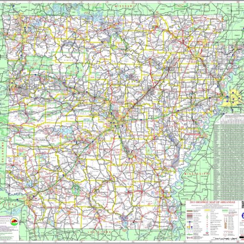 Detailed 2013 political and road map of Arkansas showing county boundaries, highways, cities, and topographic features with green and yellow color coding.