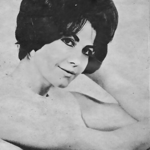 Black-and-white vintage portrait photography of a woman with 1960s styling, elegant side profile pose with dramatic lighting on light background.