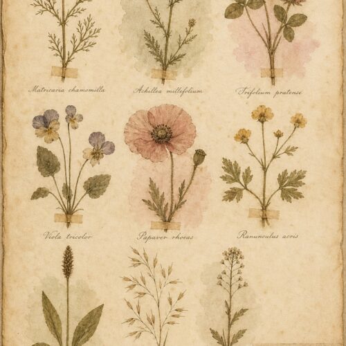 Vintage botanical herbarium poster displaying nine delicate scientific wildflower illustrations with Latin names on cream aged parchment background.