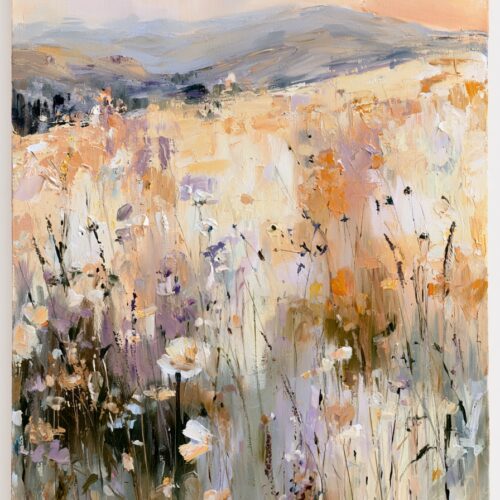 Impressionist wildflower meadow painting with soft golden light, lavender blooms, and rolling blue hills in the distance under warm sunset sky.