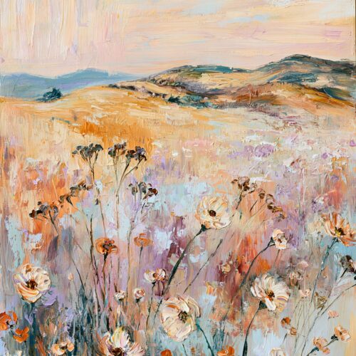 Impressionist wildflower meadow painting with golden fields, colorful flowers, and rolling hills under soft pink and blue sky.