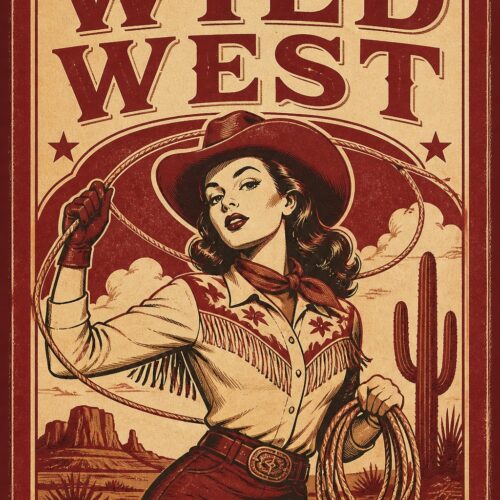 Vintage Wild West cowgirl poster with retro matchbox design, featuring a woman in pearl-snap shirt and wide-brimmed hat holding a lasso against desert landscape with cacti and buttes.