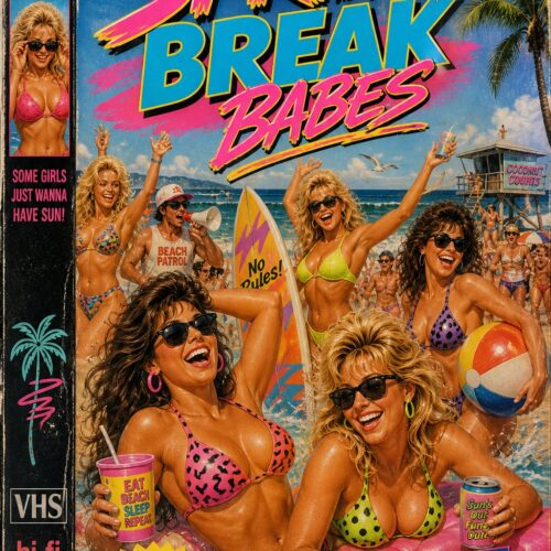 Retro 90s Spring Break Babes VHS cover poster featuring women in colorful bikinis at a beach party with neon pink and blue typography, palm trees, sunglasses, and ocean waves.