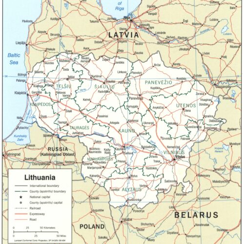 Political map of Lithuania showing international boundaries, county regions, major cities, railways, expressways, and roads with geographic detail and clear labeling.