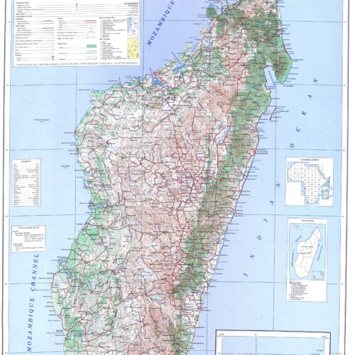 Detailed political map of Madagascar showing regional boundaries, cities, towns, and surrounding islands with color-coded regions and geographic labels.