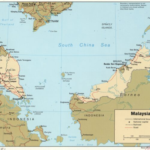 Political map of Malaysia showing international boundaries, national capital, cities, railways, roads, and surrounding Southeast Asian countries and water bodies.