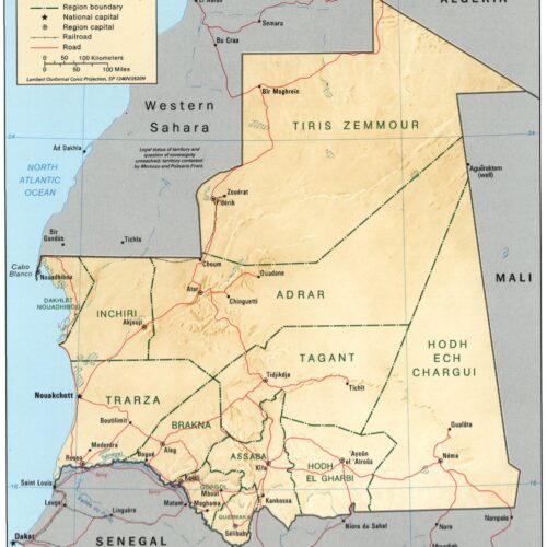 Political map of Mauritania showing regional boundaries, major cities, and neighboring countries including Morocco, Algeria, Mali, and Senegal with clear geographic detail.