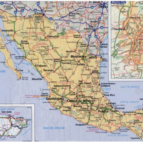 Detailed road map of Mexico showing highways, cities, states, and regions with inset maps of Puerto Rico and Mexico City.