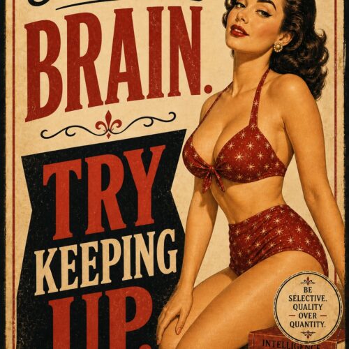 Vintage retro poster of a woman with text 'She Has a Brain Try Keeping Up' in burgundy and cream with stacked books and coffee cup.