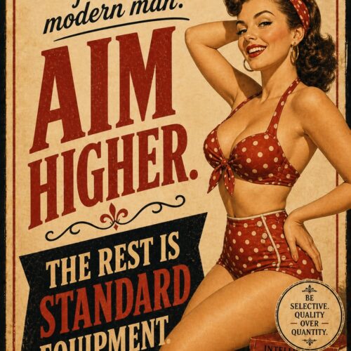 Vintage 1940s-style pinup poster with woman in red polka dot outfit and motivational text reading aim higher, classic retro wall art.