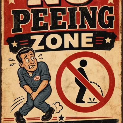 Vintage retro No Peeing Zone poster with cartoon plumber character, red and cream distressed metal sign style, 1950s Americana bathroom humor wall art.