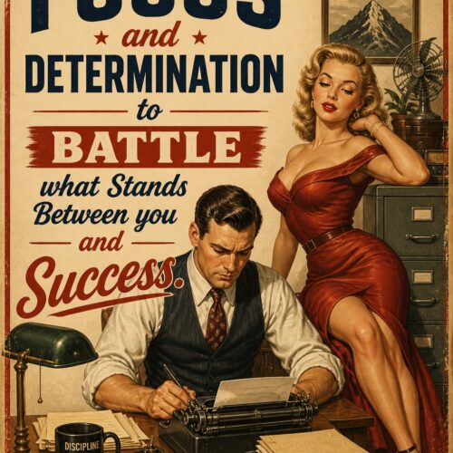 Vintage 1940s motivational poster with bold typography reading Have the Focus and Determination to Battle what Stands Between you and Success, featuring a man working at a desk and woman in red dress.